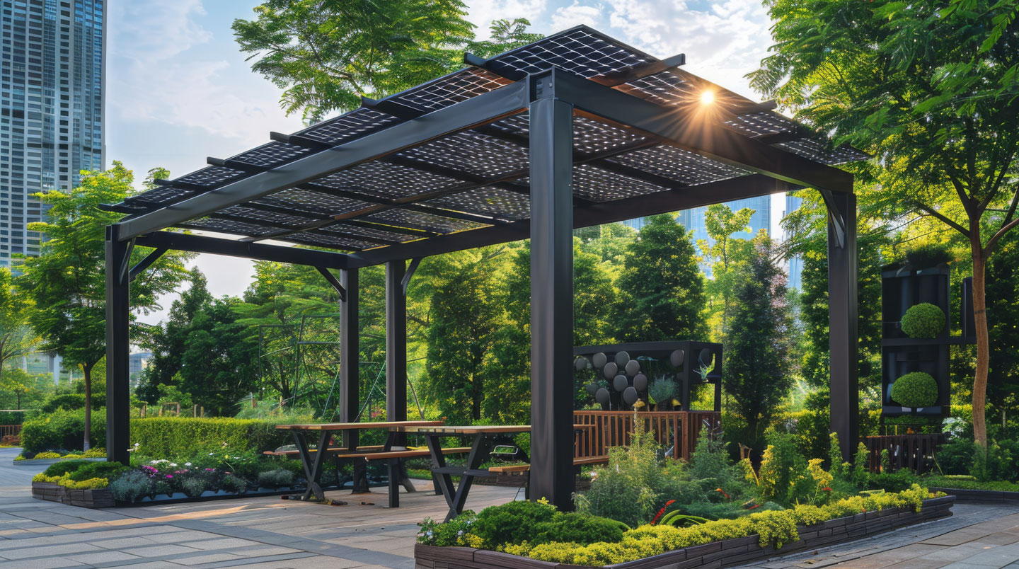 Détail rapproché de la jonction entre traverse aluminium thermolaqué et panneau photovoltaïque d'une pergola, montrant la précision d'assemblage et la finition de qualité des matériaux