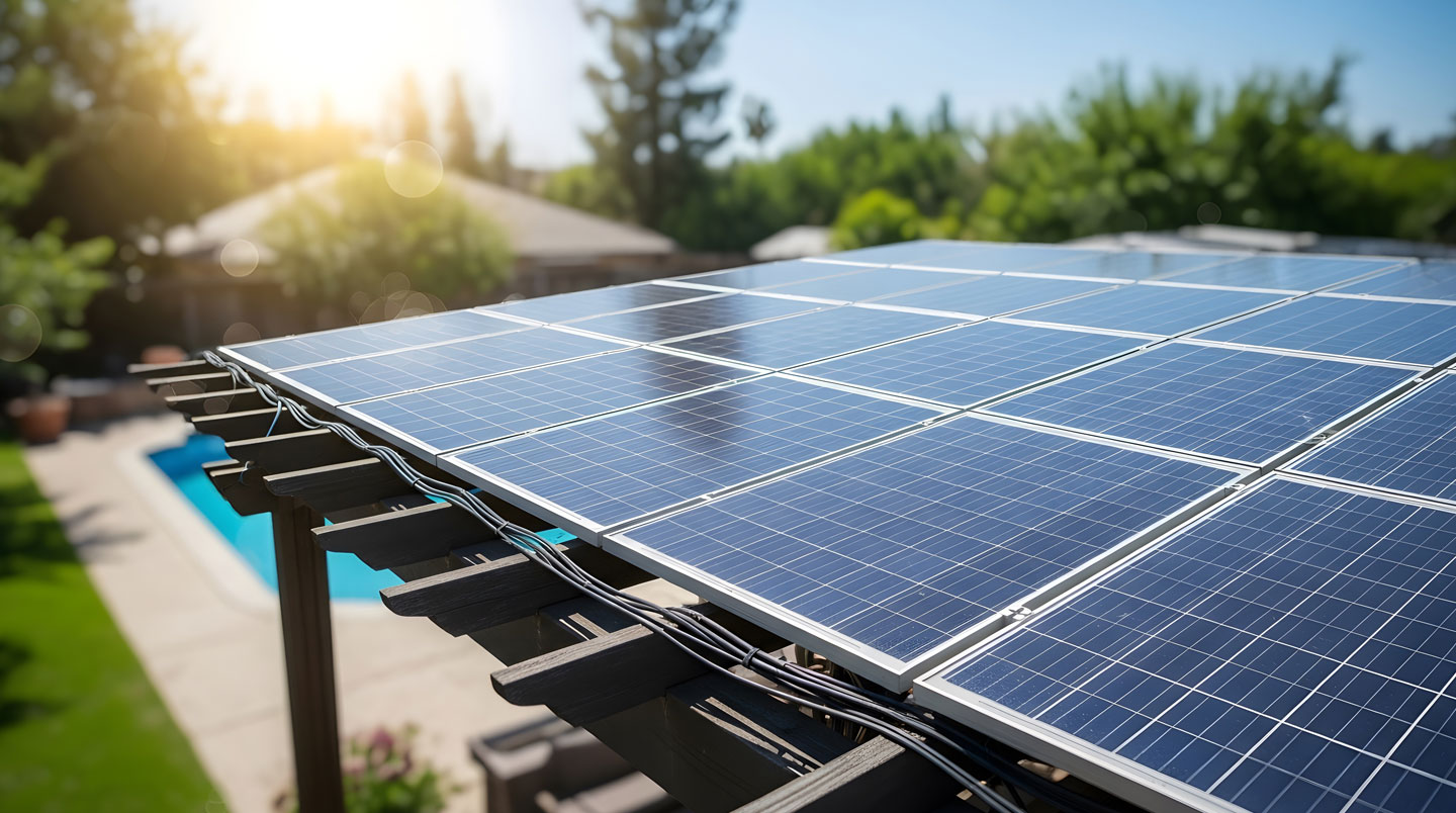 Terrasse aménagée sous pergola photovoltaïque avec table de petit-déjeuner, créant une zone d'ombre confortable contrastant avec le jardin ensoleillé en arrière-plan, lumière matinale dorée