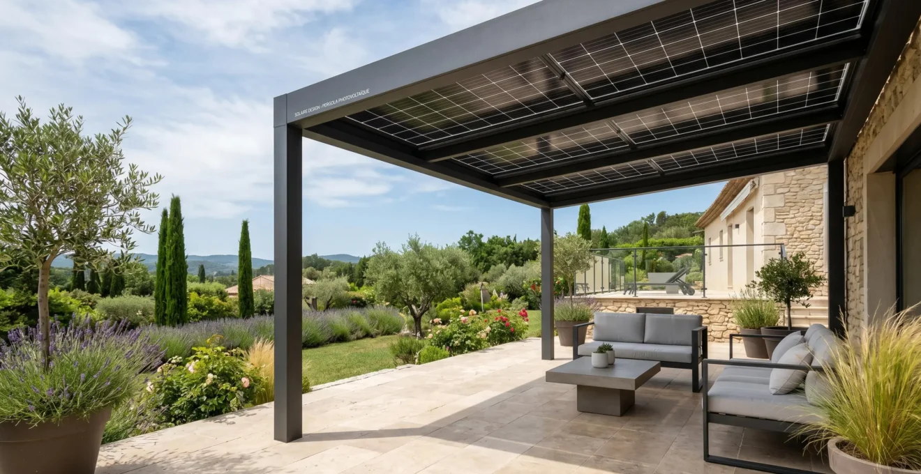 Pergola contemporaine à structure aluminium avec panneaux photovoltaïques intégrés dans la toiture, installée sur terrasse résidentielle avec dallage pierre et mobilier de jardin, végétation méditerranéenne en arrière-plan, lumière naturelle