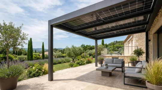 Pergola contemporaine à structure aluminium avec panneaux photovoltaïques intégrés dans la toiture, installée sur terrasse résidentielle avec dallage pierre et mobilier de jardin, végétation méditerranéenne en arrière-plan, lumière naturelle
