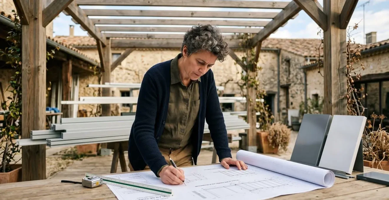 Personne d'âge mûr consultant des plans techniques pour un projet de pergola photovoltaïque, sur table de travail avec échantillons de matériaux aluminium en arrière-plan, lumière naturelle