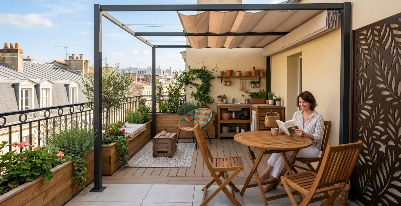 Petite terrasse urbaine de 15m² optimisée avec pergola compacte et mobilier multifonctionnel intelligent