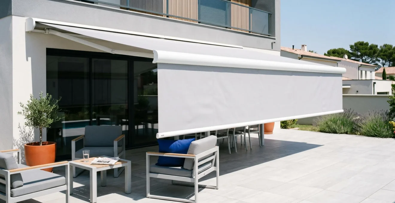 Store banne coffre moderne déployé créant une zone d'ombre protectrice sur une terrasse contemporaine
