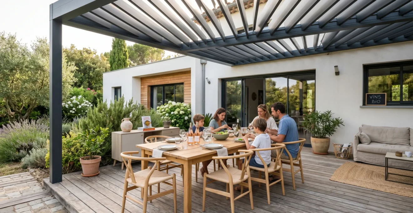 Terrasse moderne aménagée avec pergola bioclimatique en aluminium et table dressée pour un repas en famille