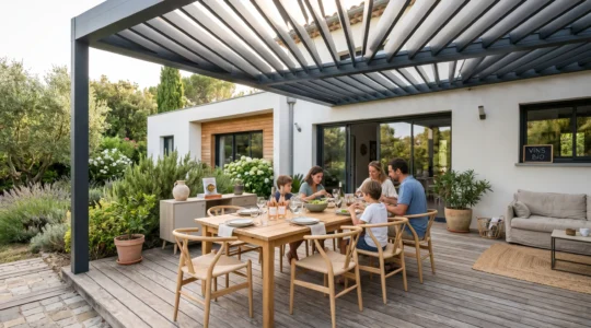 Terrasse moderne aménagée avec pergola bioclimatique en aluminium et table dressée pour un repas en famille