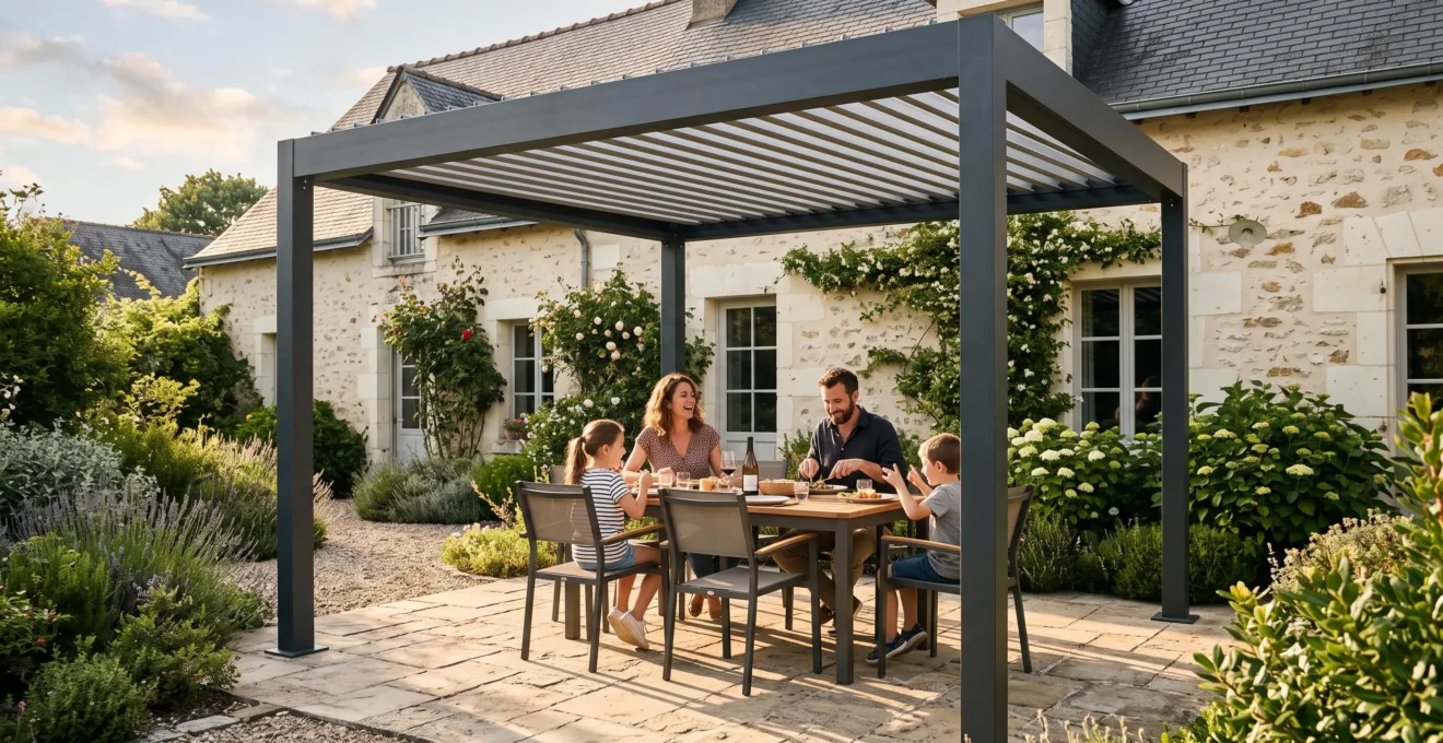 Pergola bioclimatique à lames orientables installée dans un jardin résidentiel du Maine-et-Loire, famille utilisant l'espace pour un repas en extérieur