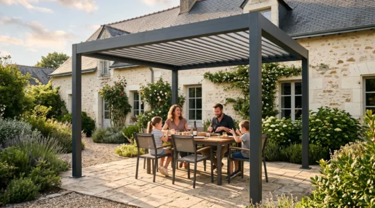 Pergola bioclimatique à lames orientables installée dans un jardin résidentiel du Maine-et-Loire, famille utilisant l'espace pour un repas en extérieur