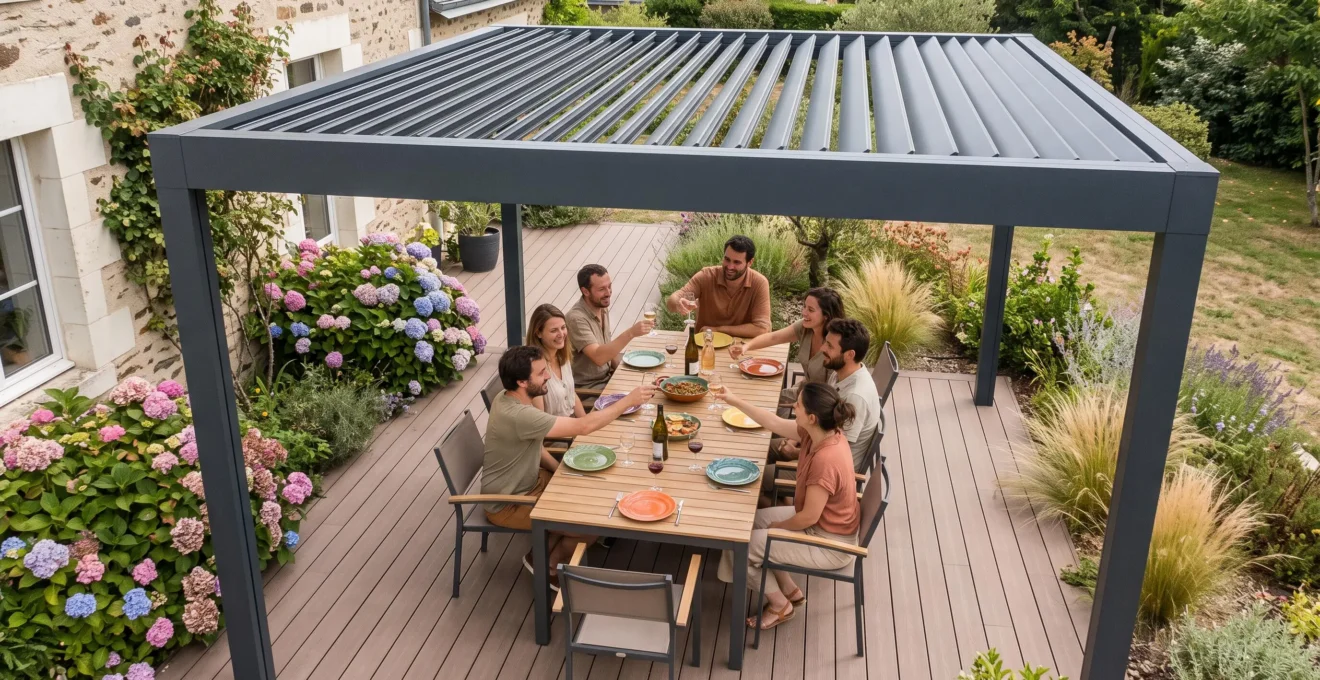 Vue en plongée d'une pergola bioclimatique de 16m² accueillant six à huit personnes autour d'une table de repas avec espace de circulation